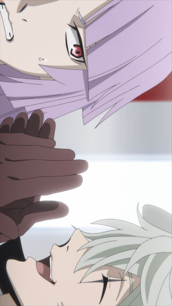 A picture where characters Sigma and Nikolai Gogol from Bungo Stray Dogs are interacting. Nikolai has his hands in a clapping motion, and Sigma is scowling at him.